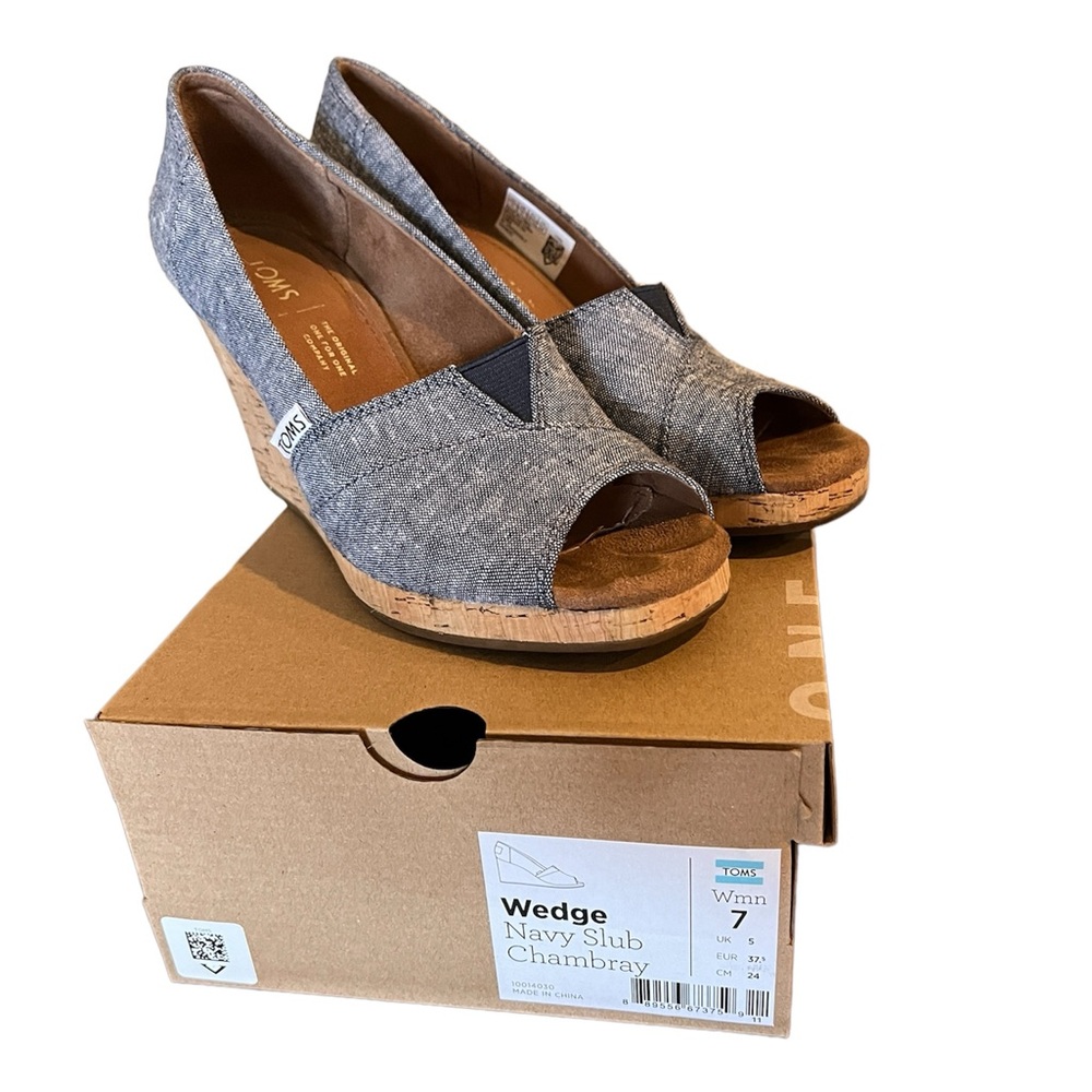 TOMS Classic Espadrille Wedge Open Toe Sandal Navy Slub Chambray EUC.Size 7